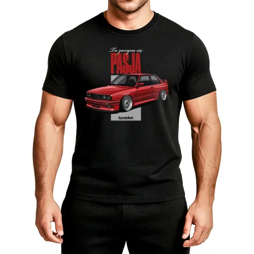 Koszulka BMW E30 M3 coupe Tu zaczyna się PASJA Syndykat czarna tshirt prezent dla fana.webp