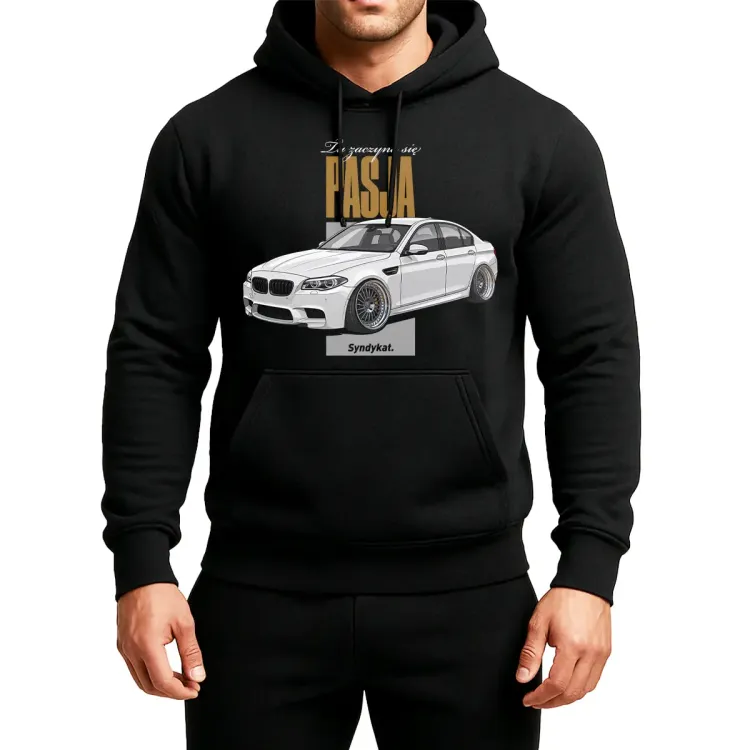 Bluza BMW F10 F11 M5 z kapturem kangurka czarna prezent dla fana.webp